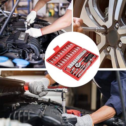 Jinora 46 Pcs 1/4 inch Drive Socket Ratchet Wrench Set with Bit Socket Set Metric and Extension Bar for Auto Repairing and Household