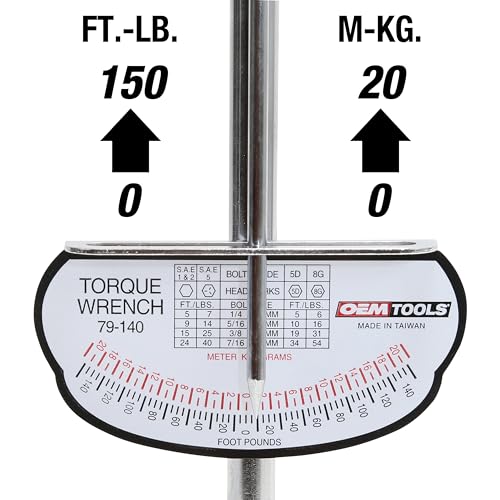 OEMTOOLS 79-140 Torque Wrench 1/2 Drive, Beam Style, 0–150 Ft/Lb Dual Scale, Inch Pound and Newton Meter, for Cars, Motorcycles, Bikes, and Marine Equipment - style: 0-150 Ft/Lbs