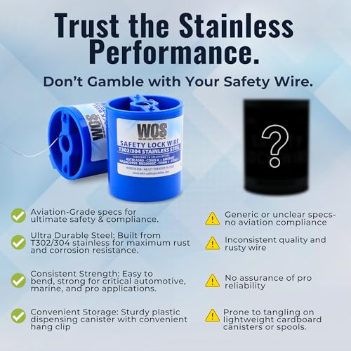 WCS .051 Stainless Steel Safety Lock Wire, T302/304, NASM20995C MS20995C, ASTM A580 Condition A, AMS569, Mechanics Wire for Aircraft, Automotive, & Industrial Use, 1lb Dispenser Can, Approx 143 ft - size: .051 in, style: 1 lb