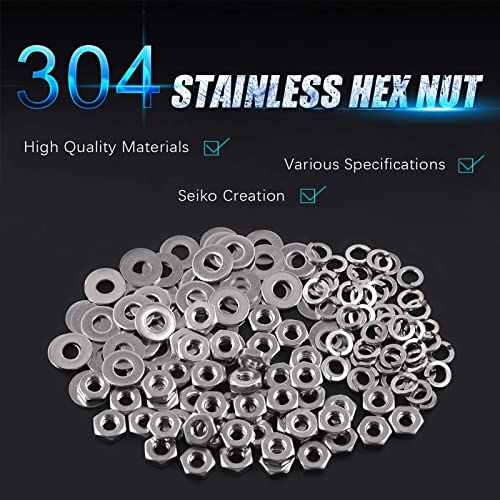 Swpeet 150Pcs Metric 304 Stainless Steel M4 Hex Nuts and Flat Washers with M4 Split Lock Washers Assortment Kit, Coarse Thread Hexagon Nut for Home Automotive Shop Use - size: M4 Hex Nuts & Washers