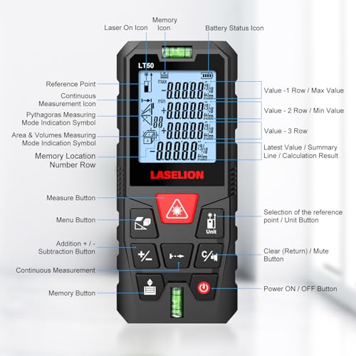 LT50 Laser Measure, 165ft/50m Laser Measurement Tool, with 2 Bubble Levels, Measuring Tool 4 Units Conversion、LCD Backlit Display, IP54 Waterproof, Pythagorean Mode for Distance, Area, Volume - size: 165ft