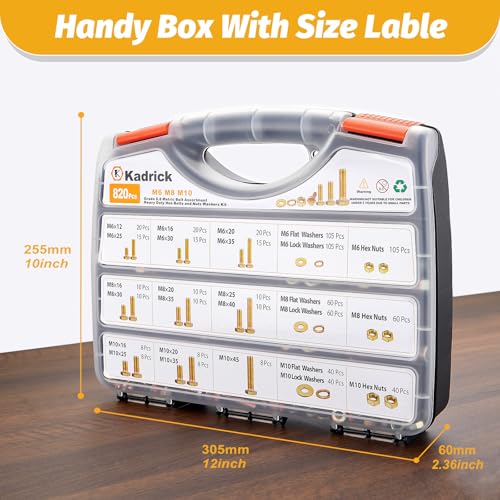 Kadrick 820Pcs Grade 8.8 Metric Bolt Assortment, M6 M8 M10 Hex Heavy Duty Bolts and Nuts Kit,M6 x1.0 M8 x1.25 M10-1.5 (12mm to 45mm),Yellow Zinc Plated - size: 820Pcs M6-M10 HEX Yellow