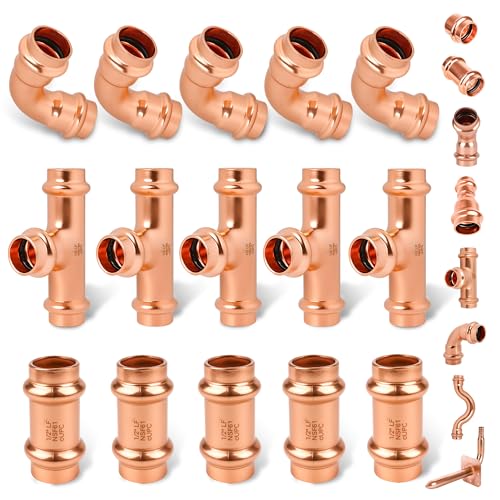 (wdaisy 15 Pack) Copper Press Fittings Kit – 1/2 Inch Tee, Elbow & Coupling, Press Compatible Copper Plumbing Fittings, Lead-Free, for Potable Water - size: 1/2" Combo Kit - 15P