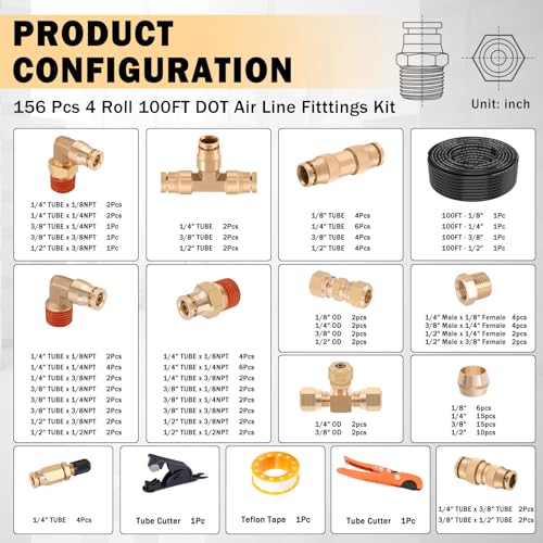 CheeMuii 156PCS Brass DOT Air Line Fittings with 4 Roll 100FT DOT Air Lines - size: 100FT-4ROLL-152PCS
