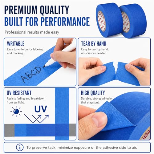 SWRT Blue Painters Tape 2 Inch Wide x 55 Yards, 4 Rolls, Clean Removal