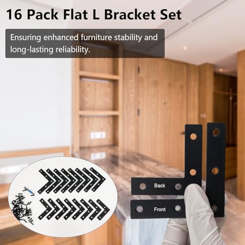 QSJ 16 Pcs L Flat Straight Brackets Corner Bracket Set 8Pcs 2.36''/8Pcs 3.15'' Bracket Brace Mending Plate Stainless Steel for Wood - size: Black, 2.36x2.36'' & 3.15x3.15''