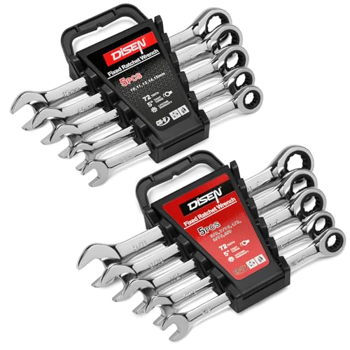 DISEN 10Pcs Ratcheting Wrench Set SAE & Metric Ratchet Wrench Set with Rack Organizer, Premium CR-v Steel, 12 Point, 72 Teeth,Box End and Open End Ratcheting Wrench Set,Metric 10-15mm&SAE 3/8''-5/8'' - size: 10pcs metric & sae set