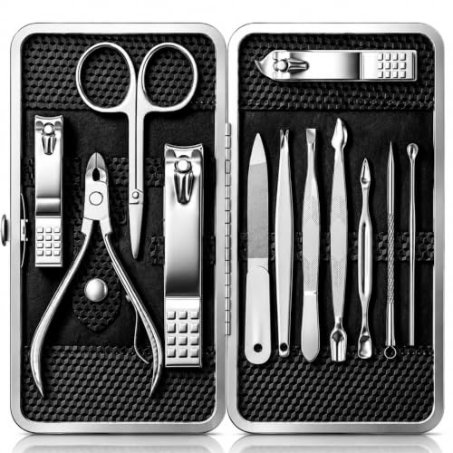 Manicure Set, Stainless Steel Nail Clipper Set with Luxurious Travel Case - color: Silver and Black