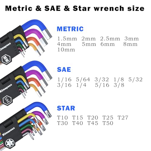 27 PCS Allen Key Set Torx SAE Metric Allen Wrenches Set Long Arm Ball End Hex Key Wrench Sets with T-Handle L-Hex Key Set Metric 1.5 to 10mm SAE 1/16 to 3/8″ Torx T10 to T50 - size: 27PCS Torx SAE Metric