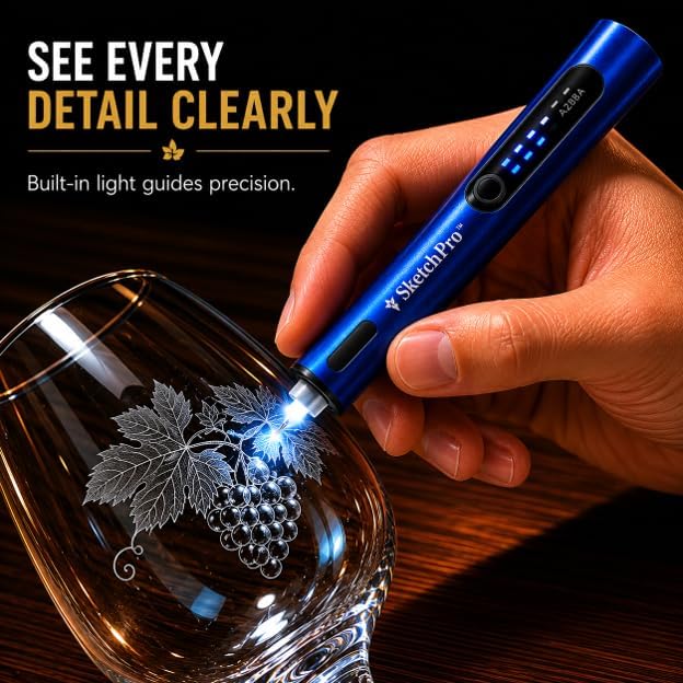 SketchPro Cordless Engraving Pen with LED Light – 3-Speed Precision Etching Tool for Wood, Metal, Glass & Plastic – USB-C Rechargeable, 26 Accessories – Ideal for DIY, Jewelry & Craft Projects