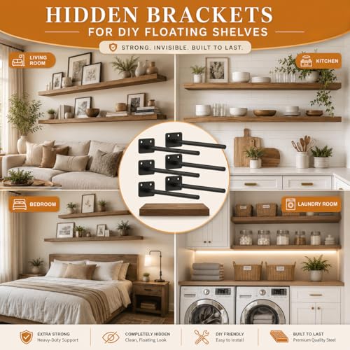 Floating Shelf Brackets, 12 inch Hidden Shelf Brackets Heavy Duty Blind Shelf Support, 200LBS Load Capacity, 6 Pack Floating Shelf Hardware for DIY Wood Wall Floating Shelves - size: 12 Inch