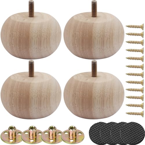 2 Inch Solid Oak Wood Bun Feet, Set of 4 - Unfinished Round Furniture Legs for Sofa, Couch, Chair, Ottoman & Cabinet | Includes Screws, Mounting Plates & Rubber Pads - size: 2 inch Hanger Bolt