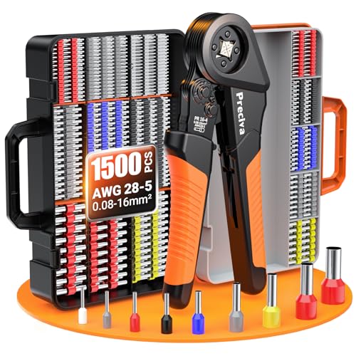 Preciva Ferrule Crimping Tool Kit - AWG 28-5 (0.08-16mm²) Self-Adjustable Ratchet Ferrule Terminals Crimping Tool, Quadrilateral Ferrule Crimper with 1500Pcs Ferrules Connectors