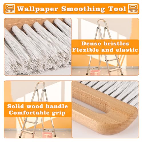 Concrete Brush with Wood Handle, Multi-Purpose Wallpaper Smoothing Tool for Tile Grout Scrubbing, Masonry and Paste Application