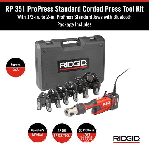 RIDGID 67193 Model RP 351 ProPress Standard Press Tool Corded Kit with Corded ProPress Tool, Press Tool Jaws (1/2" to 2"), and Case - style: Corded (no battery kit) W/ProPress Jaws (1/2" - 2" Jaws Capacity)