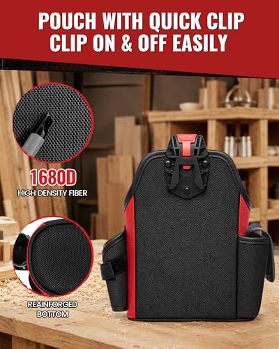 Electrician Tool Pouch with Quick Detach Belt Clip, Heavy Duty Tool Belt Pouches with Notebook Pocket, Tape Measure Holder & Screwdriver Loops for Carpenter, Contractor, HVAC Tech & DIY - size: Large Pouch with Belt