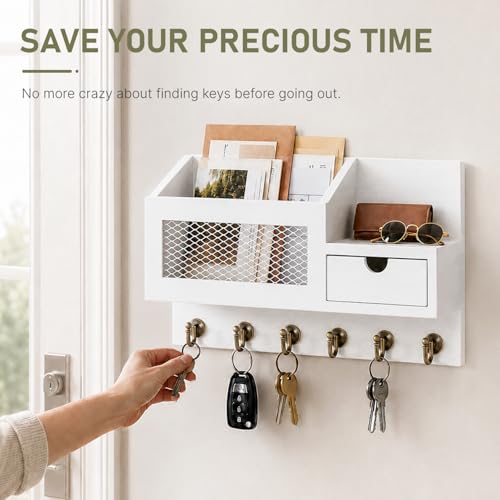 FifthQuarter Key Hanger Wall Mount with Drawer and 6 Sturdy Hooks, B-White - color: B-White