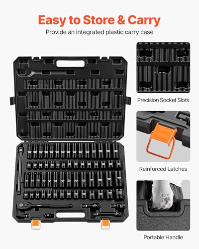 VEVOR 65-Piece 1/2" Drive Impact Socket Set, SAE (3/8" to 1-1/4") & Metric (10 to 24 mm), CR-V, Deep & Shallow, 6 Point, Ratchet Handle, Universal Joint, Adapters, Extension Bars (3, 5, 10 in) - size: 1/2" 65PCS