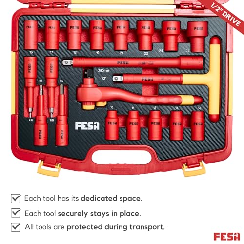 FESA Electrician Insulated Socket Set - 1000V 20-Piece Professional Insulated Ratchet & Socket Wrench Set (1/2" Drive) w/ 4 Hex Bits, T-Handle & Extension - 1000 Volt Insulated Tools for Electricians - style: 1/2" Drive (Storage Case)