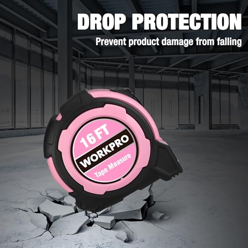 WORKPRO 16FT Pink Tape Measure, 1/8 Fractions Easy Read Measuring Tape - color: Pink, size: 16FT