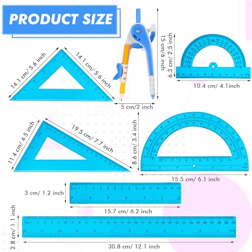 Zonon 7 Pcs Geometry Math Set with Compass Protractor Rulers, Blue - color: Blue