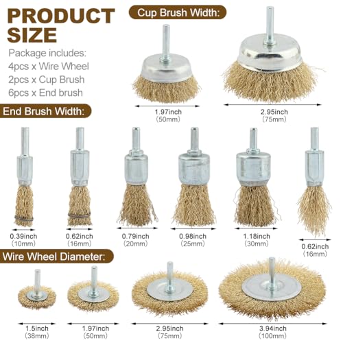 12Pcs Wire Brush Drill Attachments, Brass‑Coated Wire Wheel Cup End Brushes