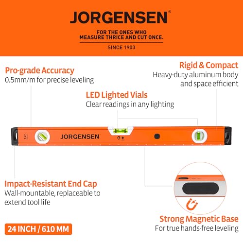 JORGENSEN 24" Magnetic LED Box Level, 45°/90°/180° Spirit 2' Leveler Tool - size: 24 inch