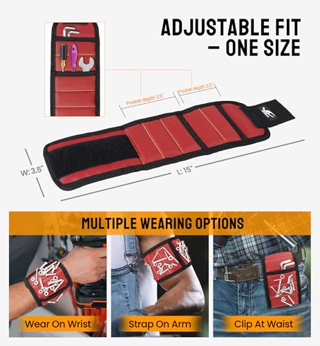 HiRui Magnetic Wristband for Tools – Ultra-Strong 15 Neodymium Magnets Hold Screws, Nails & Bits, Dual Pockets – Hands‑Free for DIY, Home Repairs, Auto – Gift‑Ready for Dad, Husband, Grandpa (Red) - color: Red