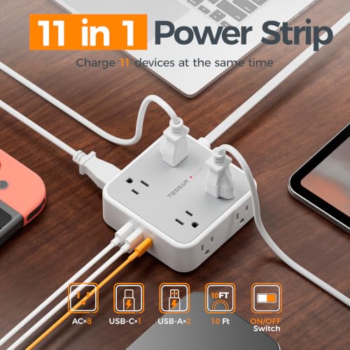 TESSAN Surge Protector Power Strip with 900J Surge Protection, 10 Ft, Grey - color: Grey with 1 USB C, size: 10 feet