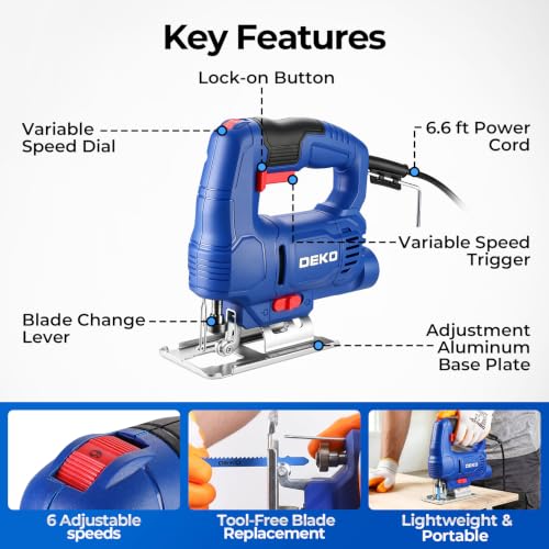 DEKO Electric Jigsaw Tool Power Jig Saws for Woodworking, Wood Cutter Hand Tool with 6 Variable Speed
