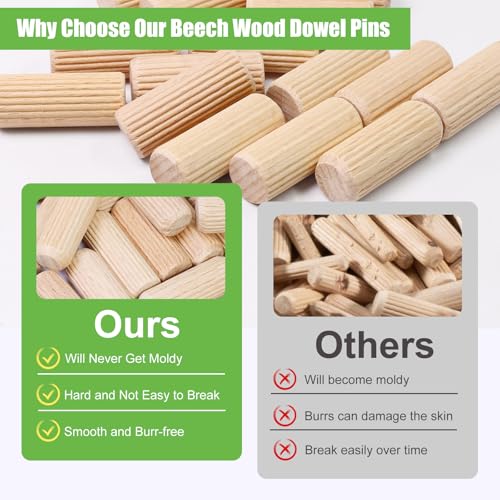 1/2" x 1-1/4" Wooden Dowel Pins, FoDau770 Fluted Wood Dowel Rods, Natural Beech Wood Dowel Pegs for Crafts, Woodworking, DIY Furniture - 200 Pieces - size: 1/2" x 1-1/4"