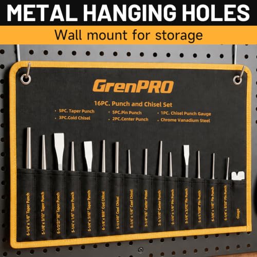 GRENPRO 16‑Piece Heavy Duty Punch Chisel Set, 40CrV with Storage Pouch