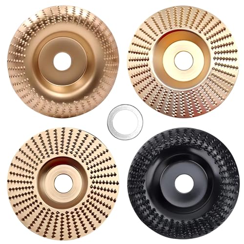 EMVANV 4 PCs Wood Carving Disc Set, for 4"" or 4 1/2"" Angle Grinder with 5/8"" Arbor Grinding Wheel Shaping Disc for Wood Cutting Grinder Cutting Wheel Attachments(Gold+Black)