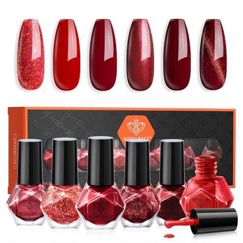 modelones Red Nail Polish Set, 6 Colors Cat Eye Dark Ruby Cherry Glitter - color: A1 Apple Red