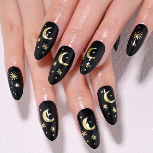 Black Star Moon Press on Nails, Long Almond Acrylic Fake Nails Design, Natural Reusable Glue-On Nails Kit for Women DIY 3D False Nail Art Decoration Gift, Salon Quality Reusable 15/30 Psc - color: 289-Star Moon, size: 24 Pieces (Pack of 1)