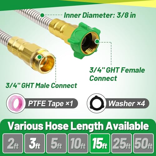 Metal Garden Hose with Male to Female Connector, 15ft - size: 15ft