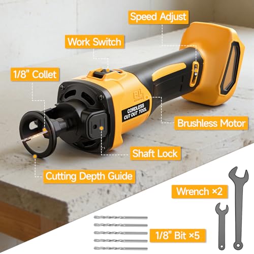 Brushless Drywall Cut-Out Tool Compatible with Dewalt 20V Battery (Tool Only), Cordless Drywall Rotary Saw, 28000 RPM, 6 Speed Adjust, Depth Adjust, 1/8" Quick Bit Change, Cutting Tool for Drywall