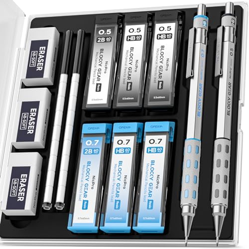 Nicpro Blocky Gear 0.5 mm & 0.7 mm Mechanical Pencils Set in Case - style: Contemporary