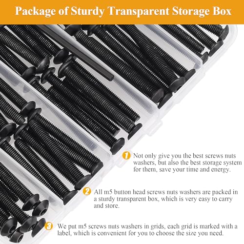 M5 Button Head Socket Cap Screws Nuts Washers Set - 105 Pieces 30/35/40/45/50mm 10.9 Grade Alloy Steel Fully Threaded Black Assortment Kit - size: M5 x 30-50mm, style: Button Head