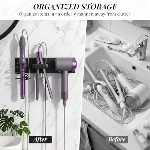 Hair Tool Organizer Wall Mount, Bathroom Storage Rack with Dryer Holder, Flat Iron Stand, Curling Iron Caddy, 3-in-1 Heat-Resistant Hair Rack, No-Drill Adhesive or Screw Mount, Matte Black - style: Black Hook style