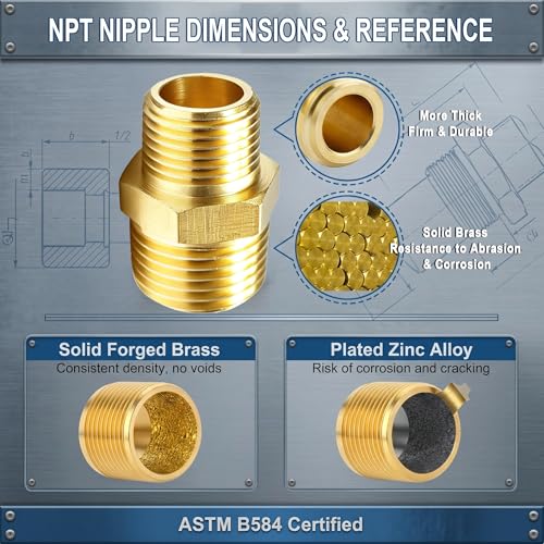 1/2" NPT to 3/8" NPT Brass Reducer Fitting, 2-Pack Solid Brass Hex Nipple | Solid forged brass, ASTM B584, 300 PSI rated. 1/2 male x 3/8 male NPT adapter for HVAC, pneumatic and air compressor systems - size: 1/2"NPT x 3/8" NPT Male(2PCS)