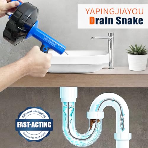 33-Feet Drain Snake Auger Kit, Plumbing snake, Manual or Electric drain snake with Auto-Retract/Feed, for Kitchen, Bathroom, Shower, and Floor Drain sauger，Include Gloves Storage Bag etc (Blue) - color: Blue Black