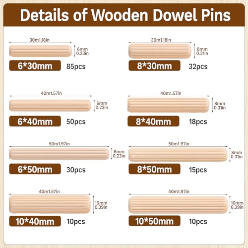 Hapric 250 Pcs 8 Sizes Wooden Dowel Pins Hardware Pins with Box