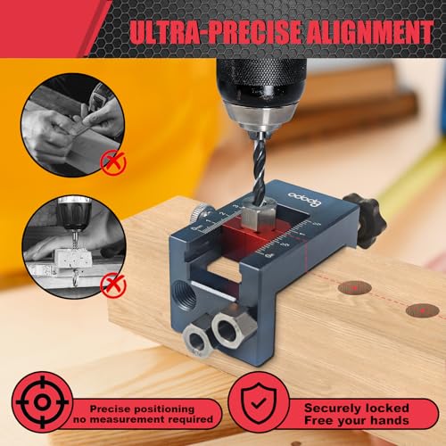 Self-Centering Doweling Jig Kit for Woodworking – Adjustable Width Dowel Jig for Straight Holes with 3 Drill Guide Bushings & 3 Drill Bits (1/4'',3/8'',5/16'')，Woodworking Joints Tools