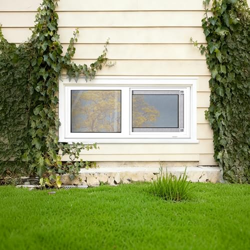 Vinyl Basement Window, Bathroom Sliding Window 32" x 14" White | Double Pane Insulated Tempered Glass and Fiberglass Screen for Basement, Bathroom, Shed - size: 32x14 IN