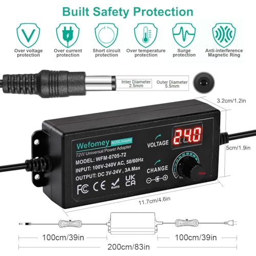 Wefomey Universal Power Supply Variable 3V~24V 3A 72W Multi Voltage Adapter