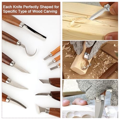 Deluxe Wood Carving Kit, Wood Carving Tools Set, 8Pcs Whittling Knifes & 5Pcs Detail Carving Knives with Large Leather Case & Gloves, Wood Whittling Kit for Beginners and Carpenter Experts