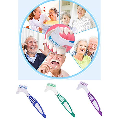 3 Pcs Denture Cleaning Brush Portable Cleaning Brush False Teeth Brushes for Denture Care Denture Cleaner with Multi-Layered Soft Bristles and Dual Angled