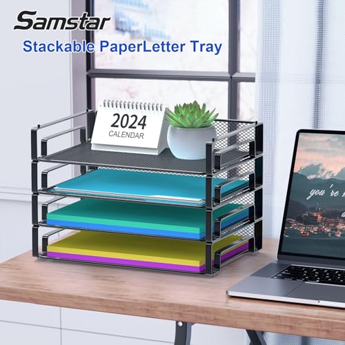 Samstar 4 Pack Stackable Letter Paper Tray, Desk File Organizer Paper Sorter for Letter/A4 Size Folders Documents, Mesh Made