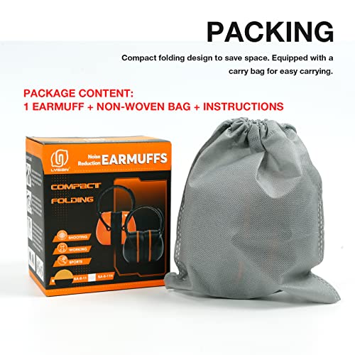 LYSIAN 31dB Hearing Protection Earmuffs, Foldable Adjustable Safety Ear Muffs for Shooting, Construction, Lawn Mowing, Adults - color: Orange Black